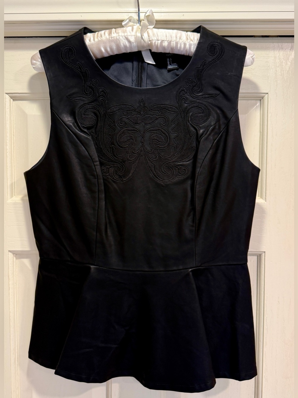 Forever 21 Black Sleeveless Embroidered Pleather Peplum Vest